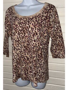 Glima Y2K Sz LARGE Scoop Neck T-Shirt Top Brown Burgundy Leopard USA Made EUC